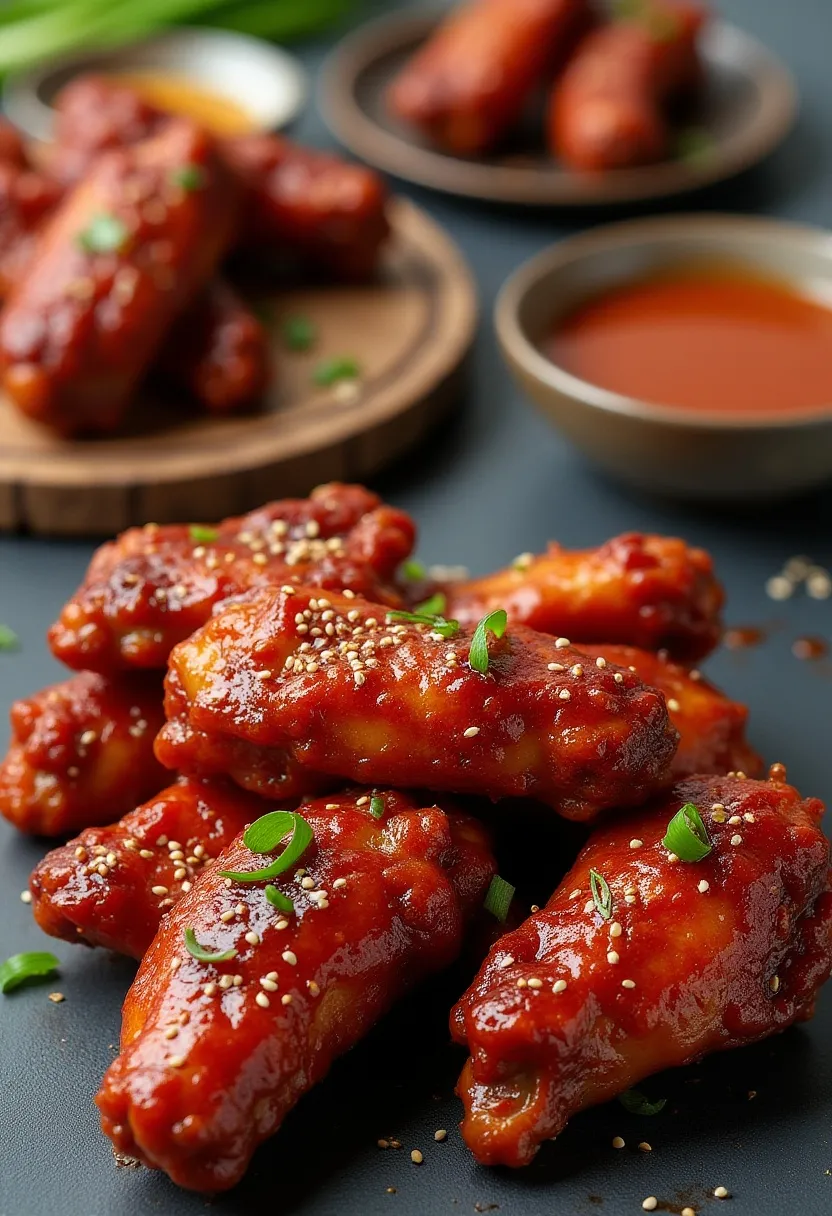 Collage of sticky, glazed Korean Gochujang chicken wings garnished with sesame seeds and scallions.