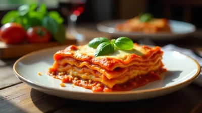 Homemade lasagna with melted cheese and fresh basil on a wooden table.