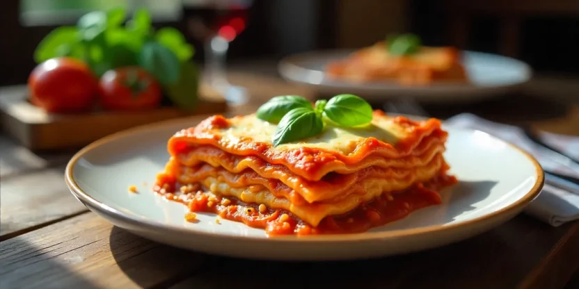 Homemade lasagna with melted cheese and fresh basil on a wooden table.
