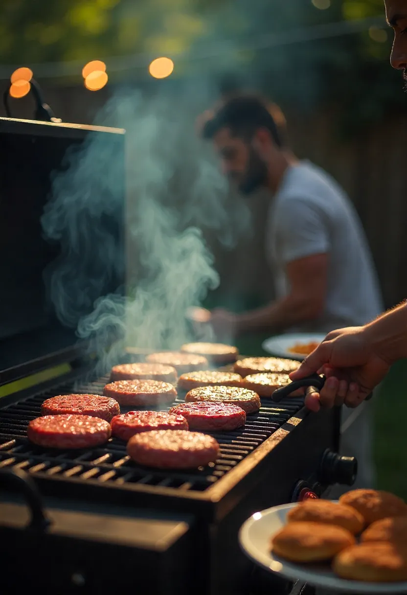 Stressed host flipping burgers at a busy backyard grill while guests shout orders.