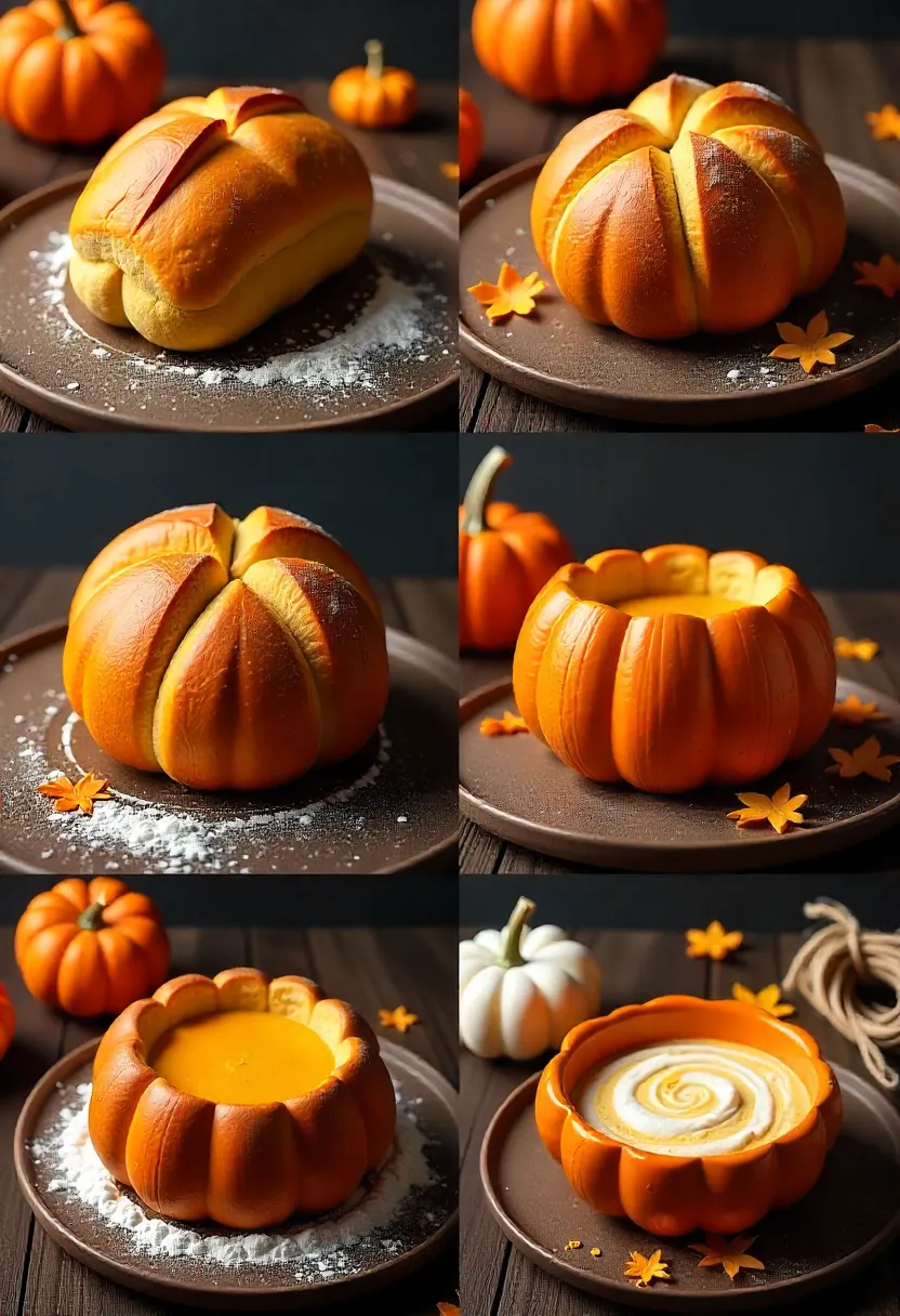 Pumpkin bread bowls showing common baking mistakes: misshapen loaves, oversized lids, and soggy bread from soup.