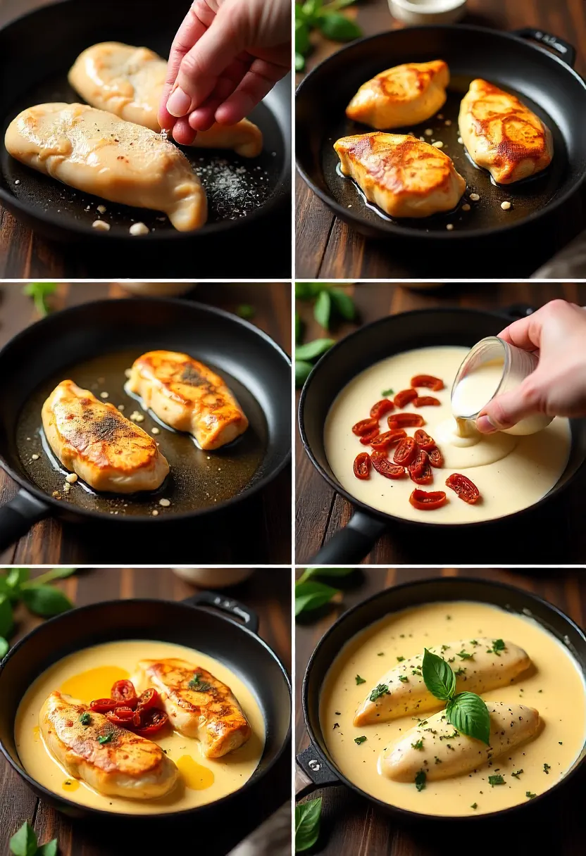 Step-by-step collage of Marry Me Chicken preparation: seasoning, searing, sauce, and final garnished dish.