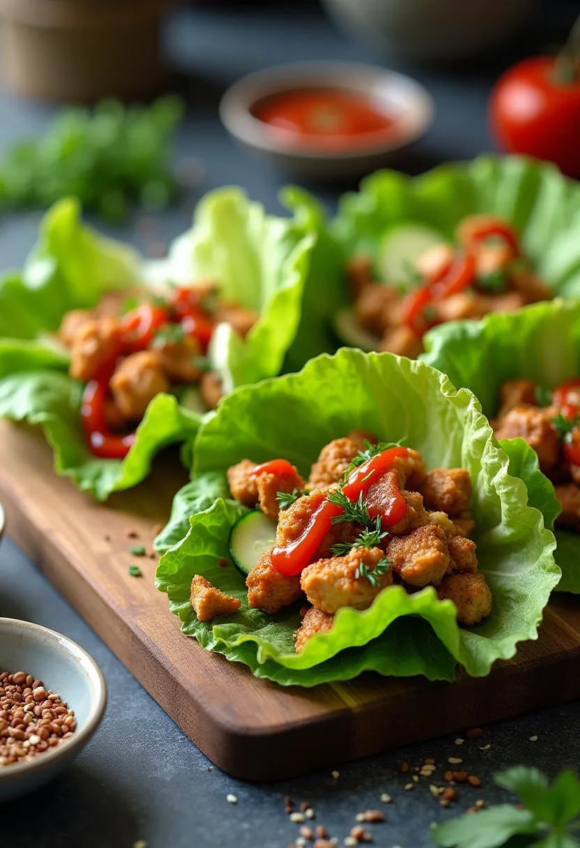 Crisp lettuce wraps filled with grilled chicken, cucumbers, and hot sauce on a wooden board.