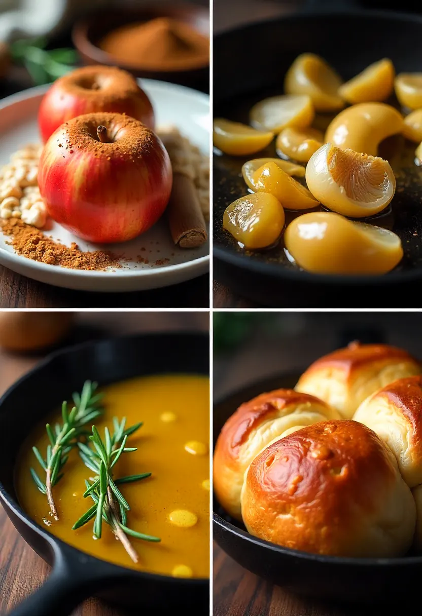 Collage of comforting cooking aromas: cinnamon, nutmeg, garlic, onion, herbs, and freshly baked bread in warm lighting.