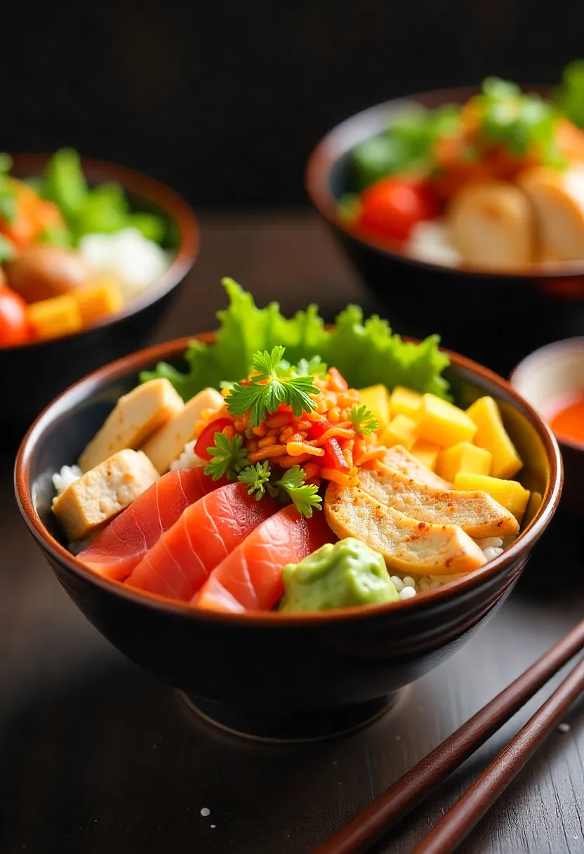 Traditional chirashi-style sushi bowl with rice, vegetables, and modern toppings.