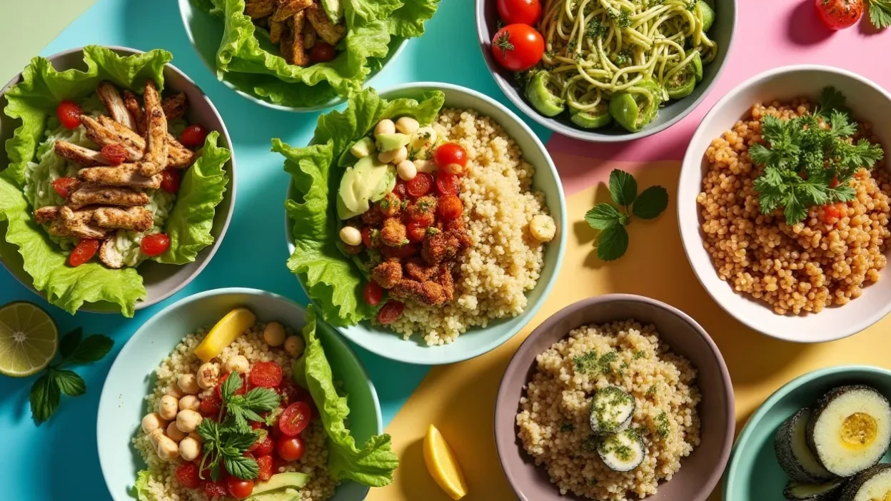 Colorful spread of fresh bread-free lunches including lettuce wraps, grain bowls, zoodles, and nori rolls.