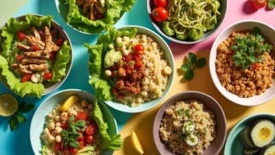Colorful spread of fresh bread-free lunches including lettuce wraps, grain bowls, zoodles, and nori rolls.