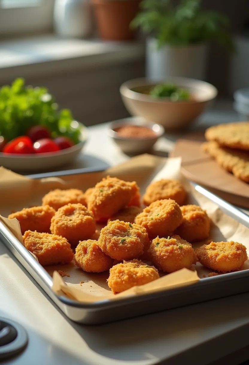 Oven-baked chicken nuggets and shawarma on a tray with fresh vegetables, showing healthy baking.