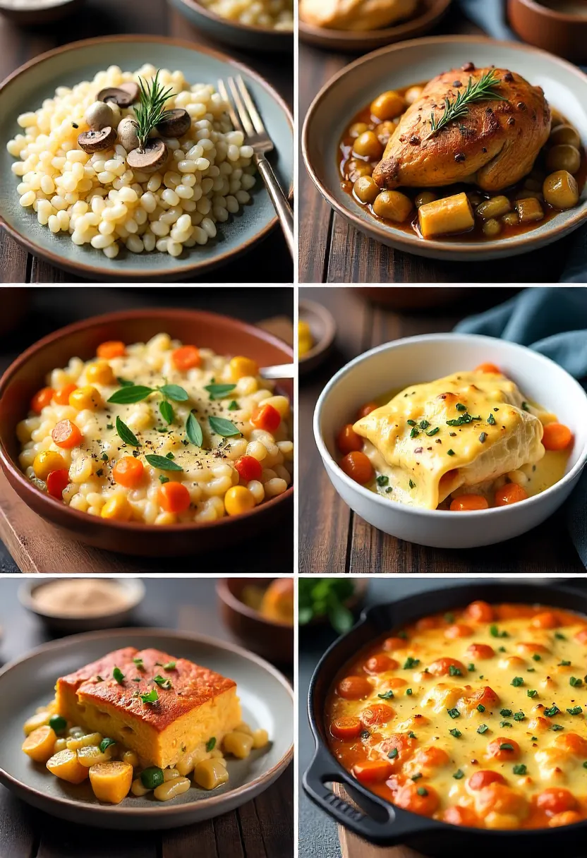 Collage of cozy main courses: mushroom risotto, roast chicken with vegetables, baked pasta, shepherd’s pie, lasagna, and pot pie.