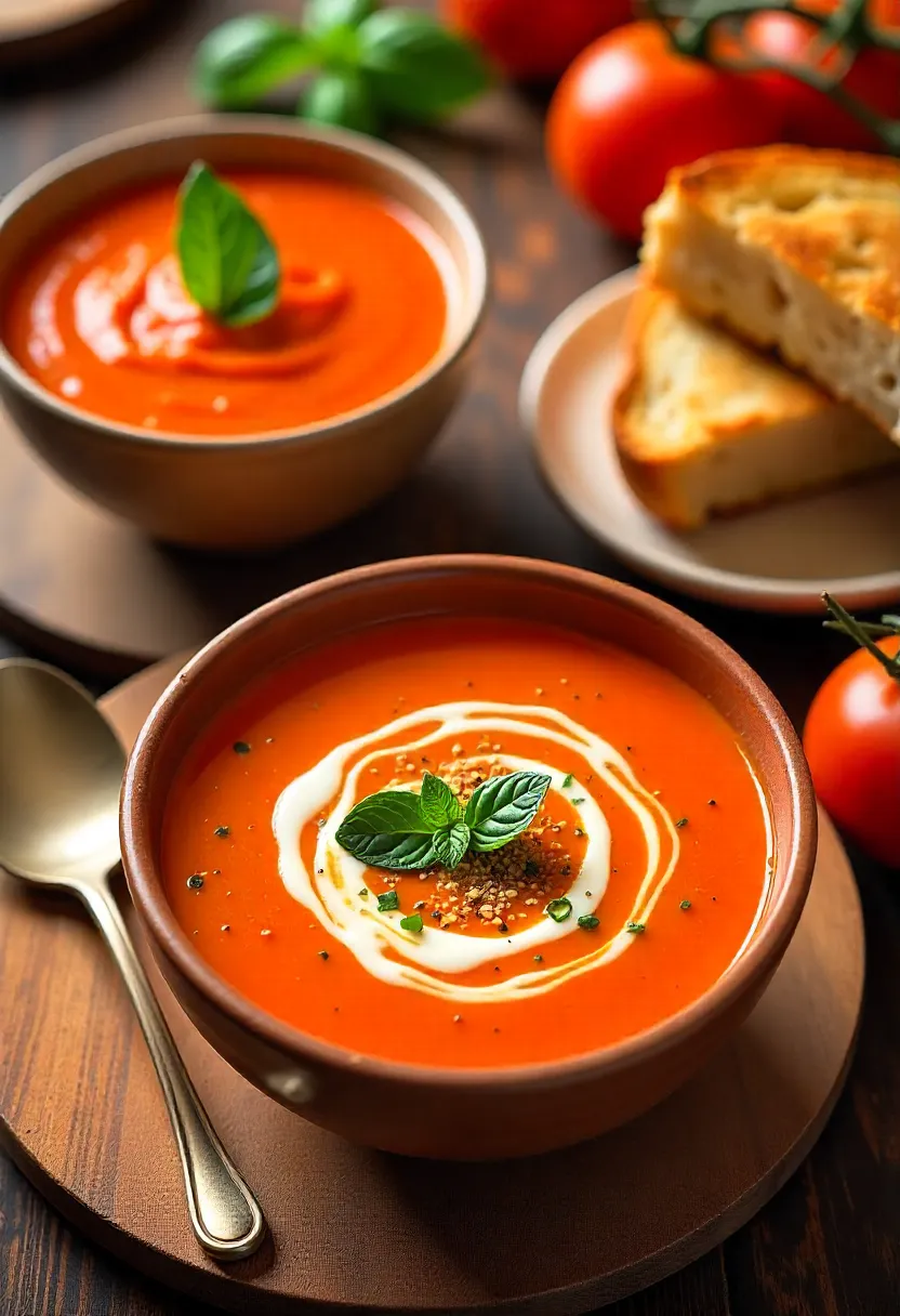 Collage of three tomato soups: classic with grilled cheese, creamy with herbs, and roasted rustic with sourdough bread.