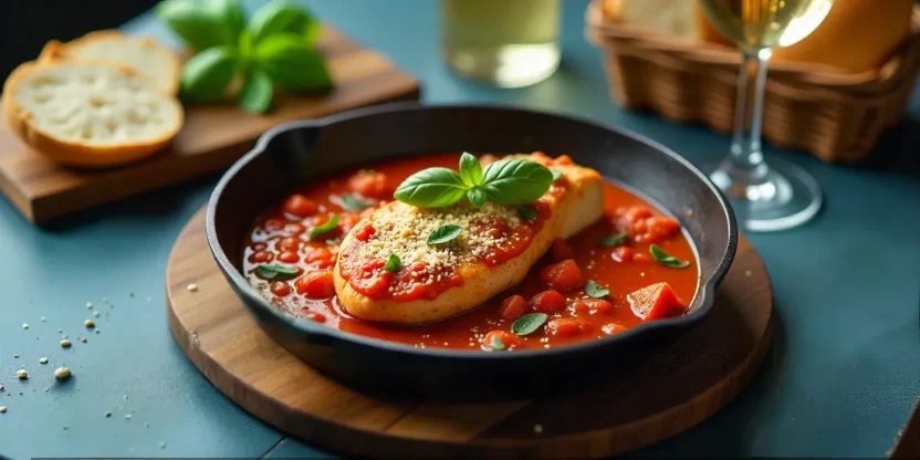 Plated Marry Me Chicken with creamy sauce, basil, and parmesan on a rustic table.