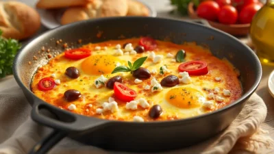Mediterranean baked eggs with feta, tomatoes, olives, and fresh herbs on a colorful breakfast table.