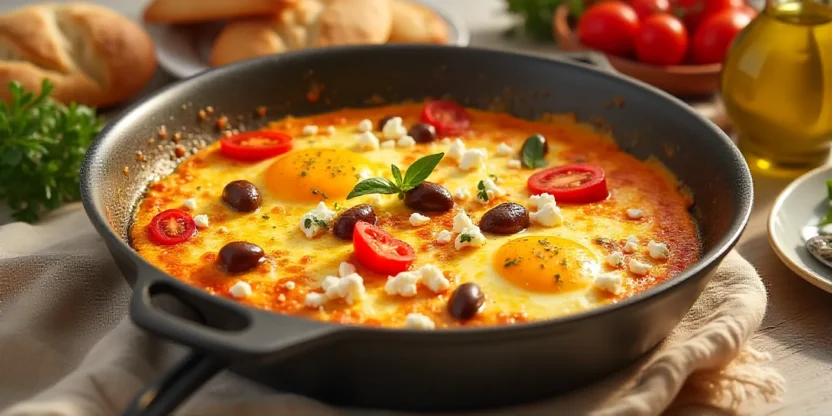 Mediterranean baked eggs with feta, tomatoes, olives, and fresh herbs on a colorful breakfast table.