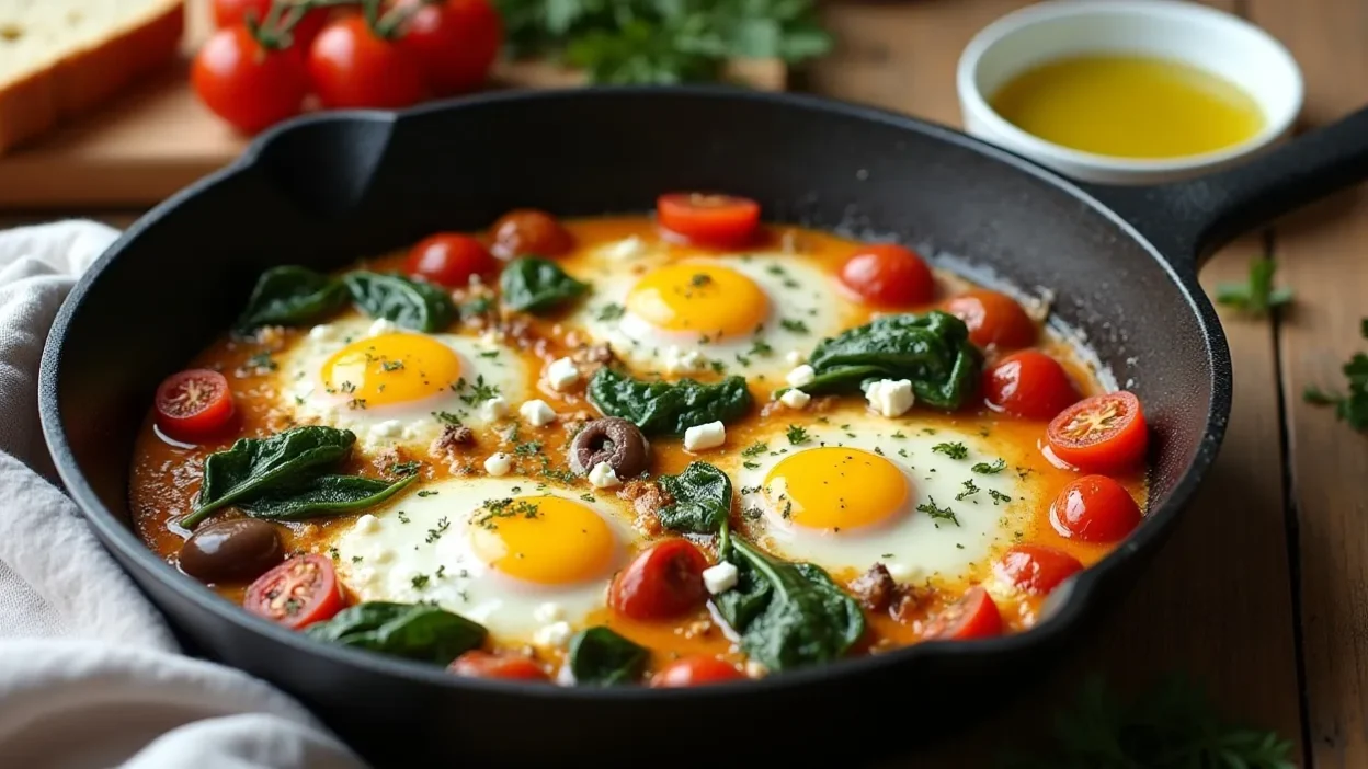 Mediterranean baked eggs with feta, roasted vegetables, and fresh herbs on a rustic table.