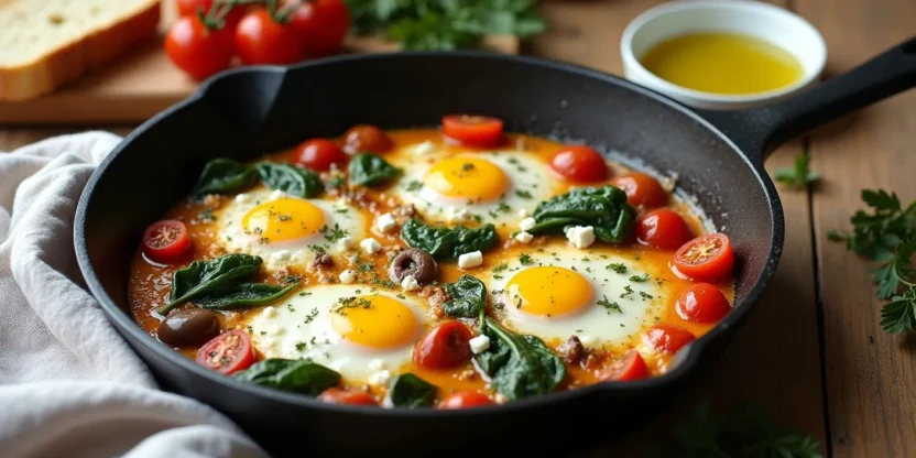 Mediterranean baked eggs with feta, roasted vegetables, and fresh herbs on a rustic table.