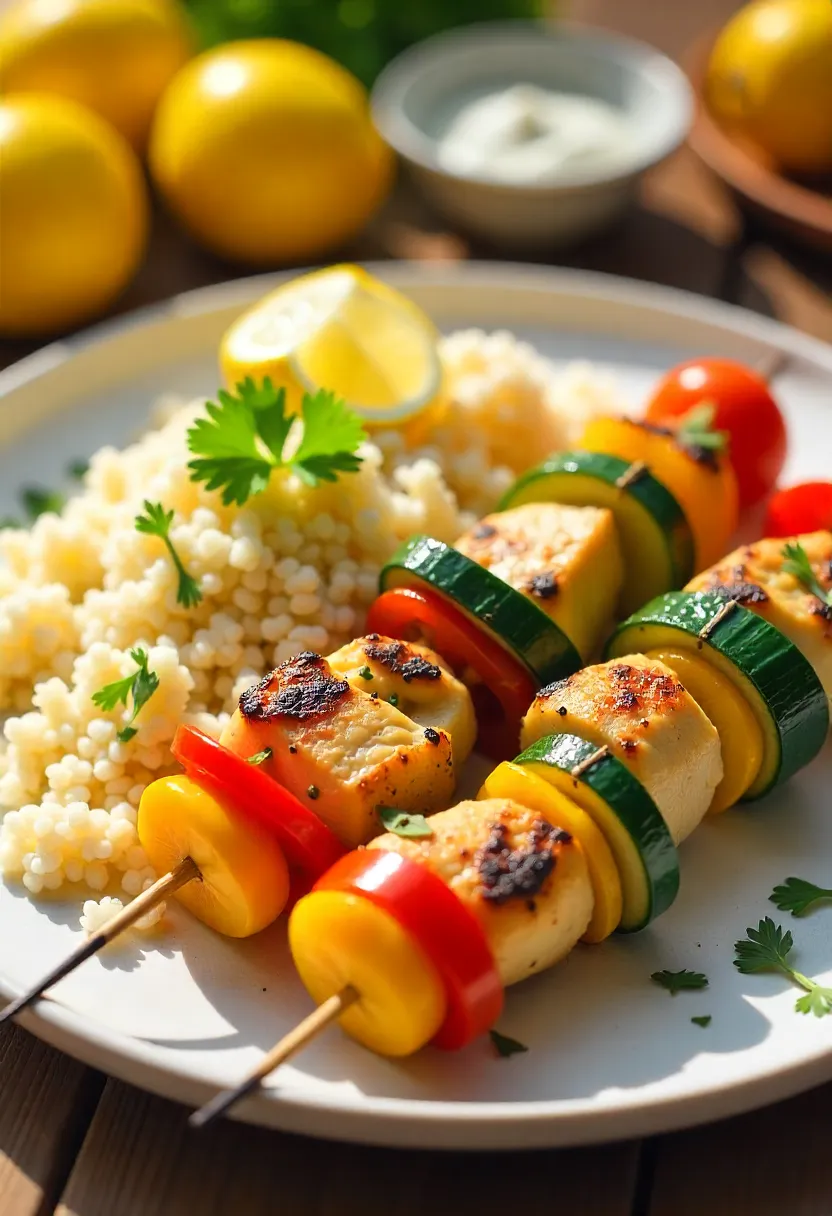 Mediterranean chicken skewers with colorful vegetables and couscous, garnished with parsley and yogurt sauce.