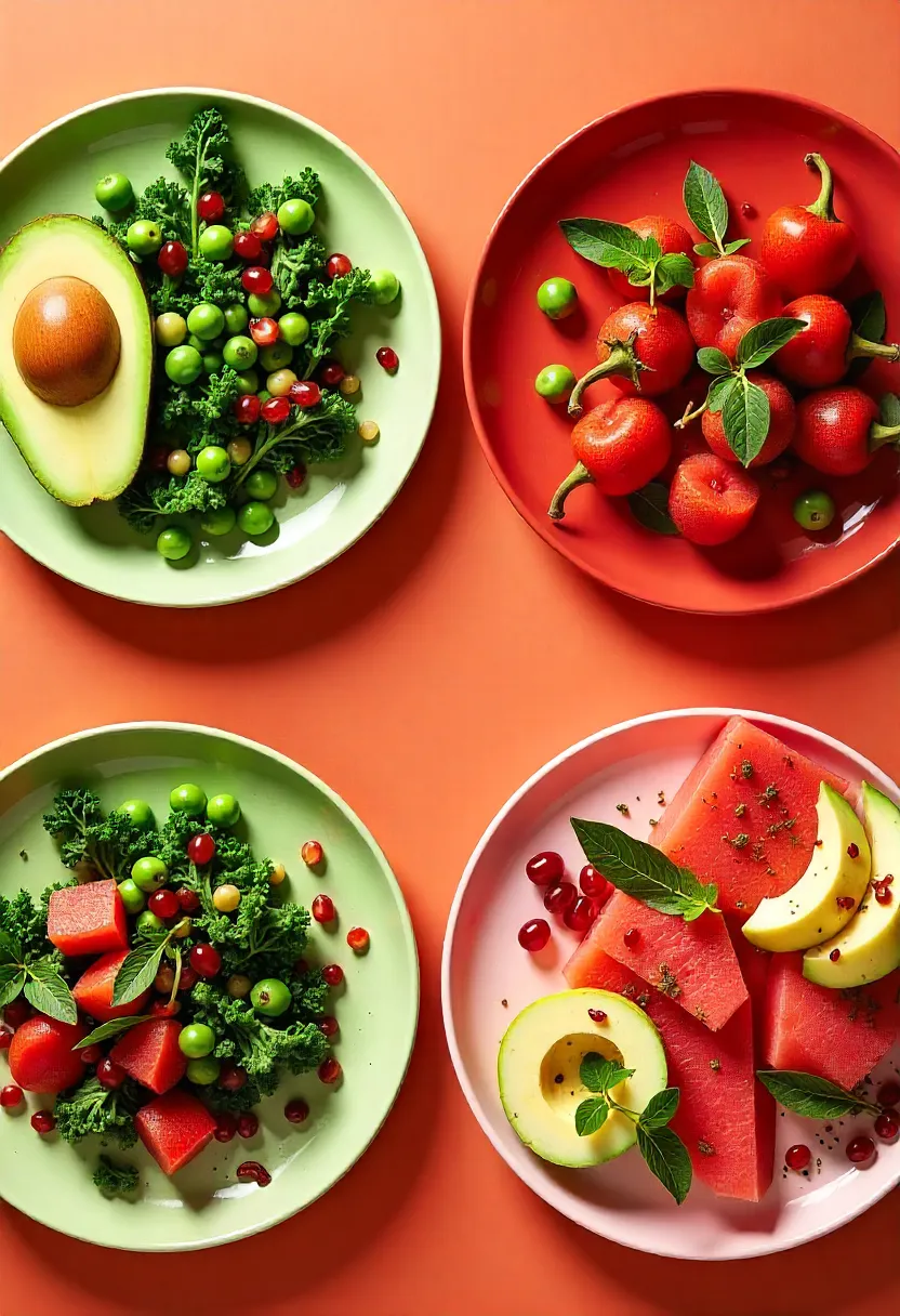 Collage of monochrome dishes in green, red, and pink with matching garnishes and sauces.