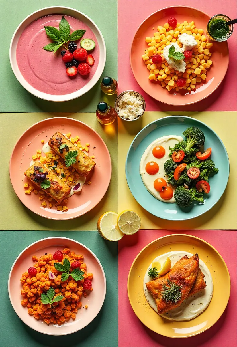 Collage of monochrome meals in pink, green, and other bold colors showcasing creativity and textures.