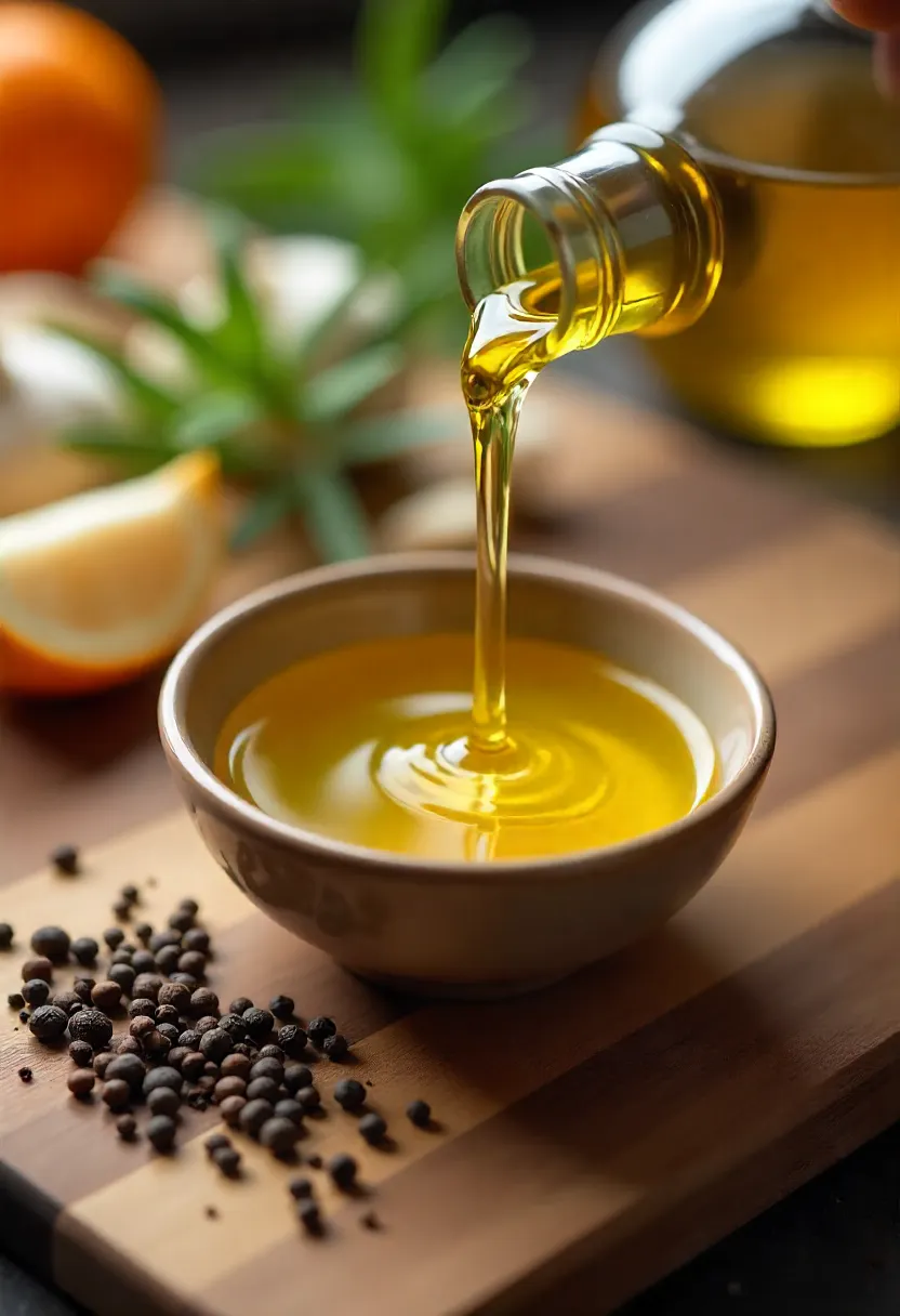 Extra virgin olive oil with garlic, oregano, black pepper, and chili flakes on a wooden board.