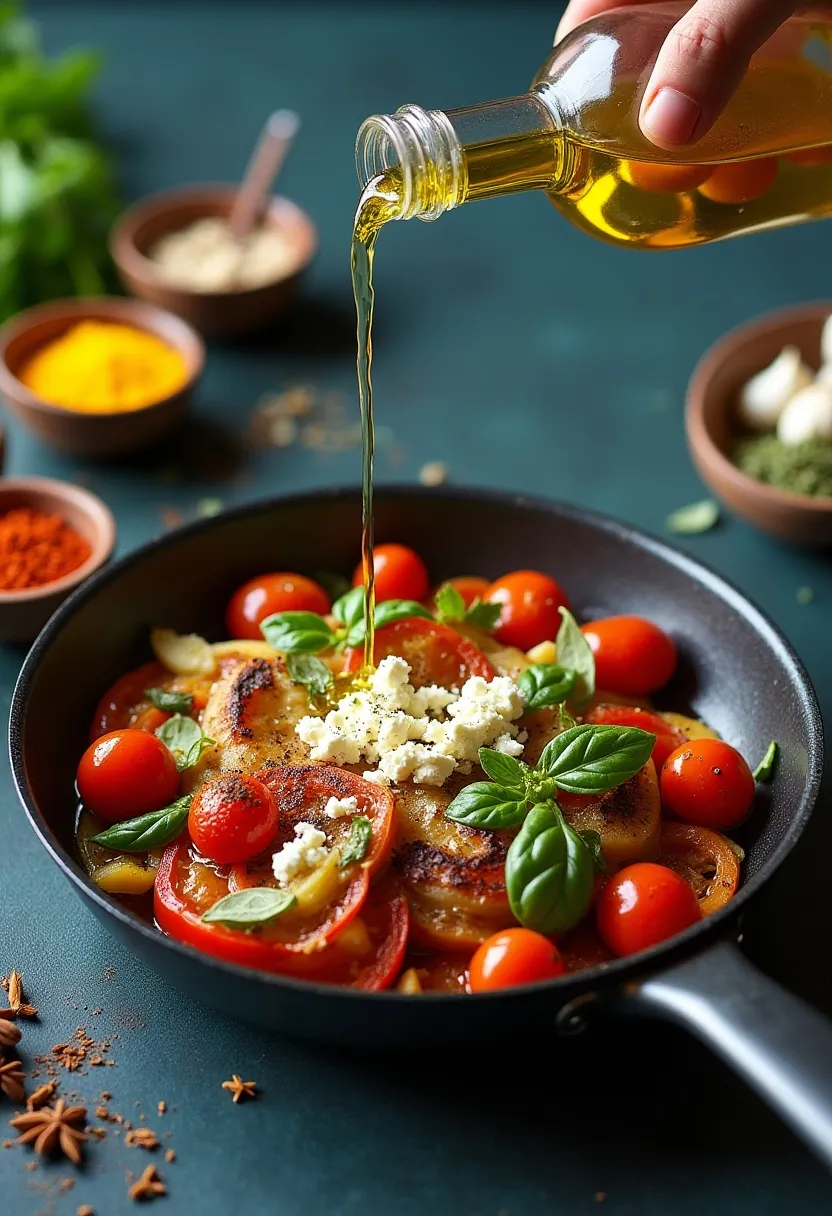 Mediterranean olive oil, feta, vegetables, and spices collage.