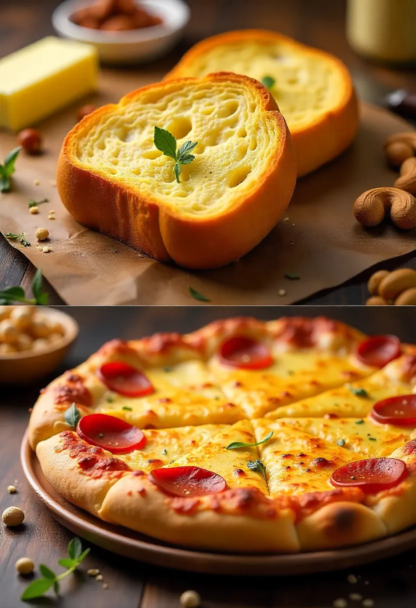 Collage of air fryer garlic bread, toasted nuts, and crispy reheated pizza on a kitchen counter.