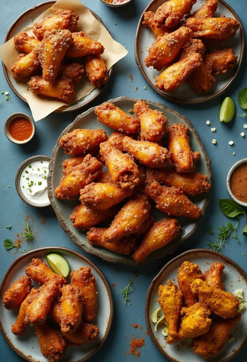 Collage of international chicken wings: Garlic-Parmesan, Caribbean Jerk, and Indian Masala, served with sauces and garnishes.