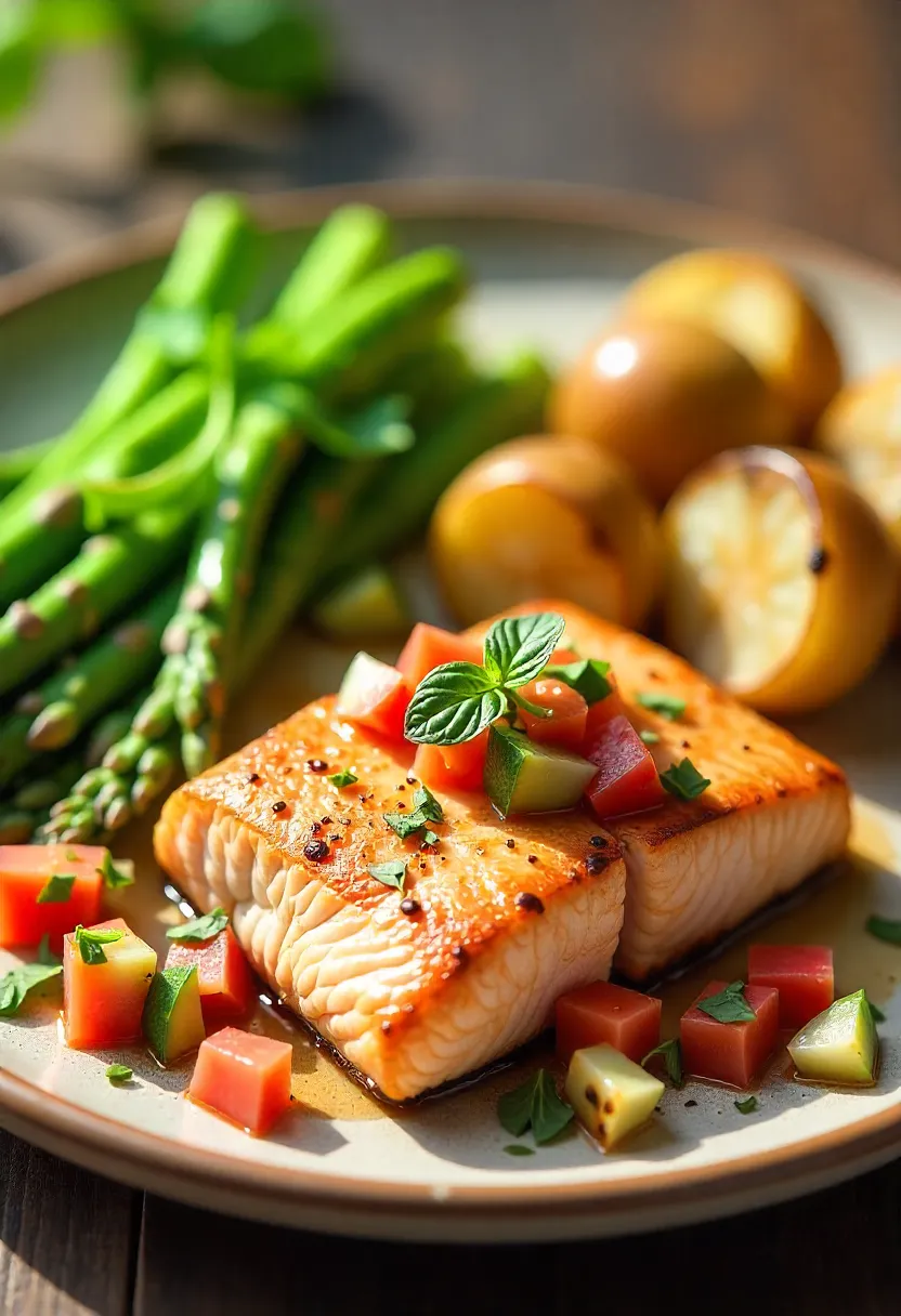 Pan-seared salmon with fresh tomato-cucumber salsa, asparagus, salad, and roasted potatoes.