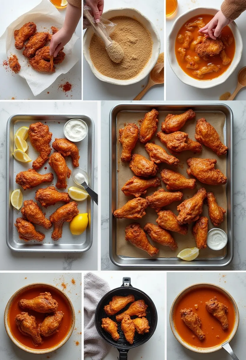 Collage showing steps to make perfect chicken wings: drying, marinating, and cooking in oven, air fryer, or deep fryer.