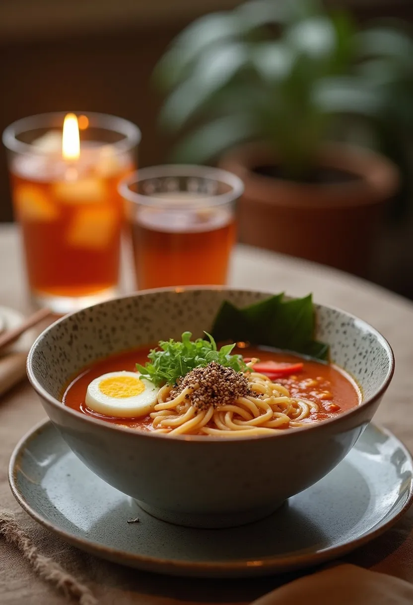 Cozy homemade bowl of saucy ramen with garnishes, candle, and drink.