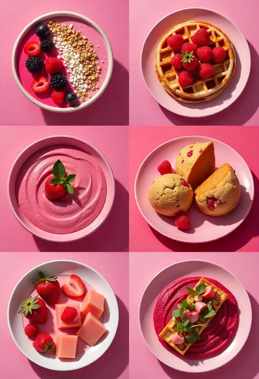 Collage of pink breakfast dishes including smoothie bowls, pancakes, beets, and pink protein options.