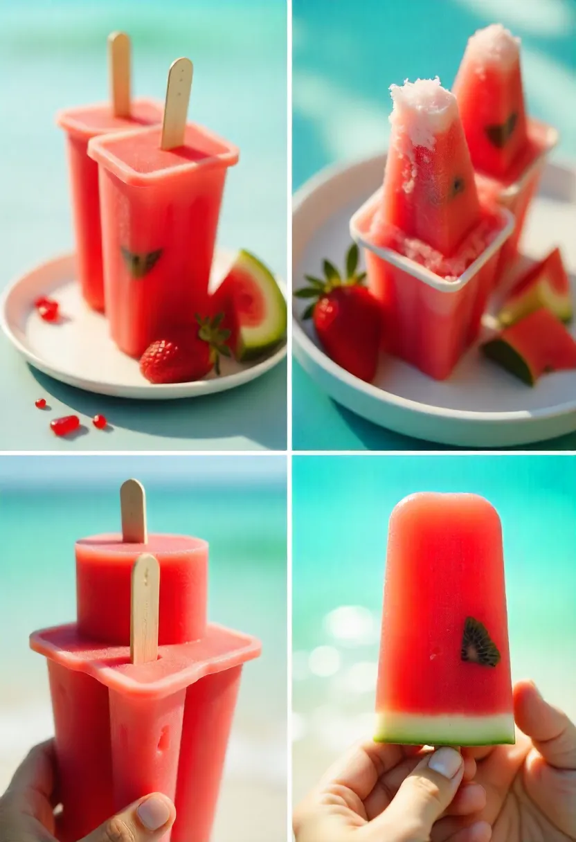 Watermelon popsicles with kiwi and strawberry slices, displayed as colorful summer treats.