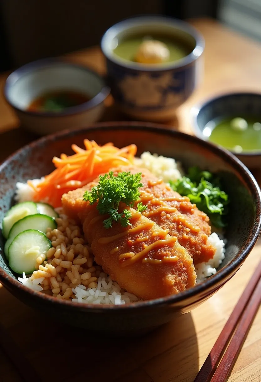 Japanese chicken katsu bowl beautifully plated with angled chicken, fanned vegetables, sauce drizzle, fresh herbs, and side dishes.