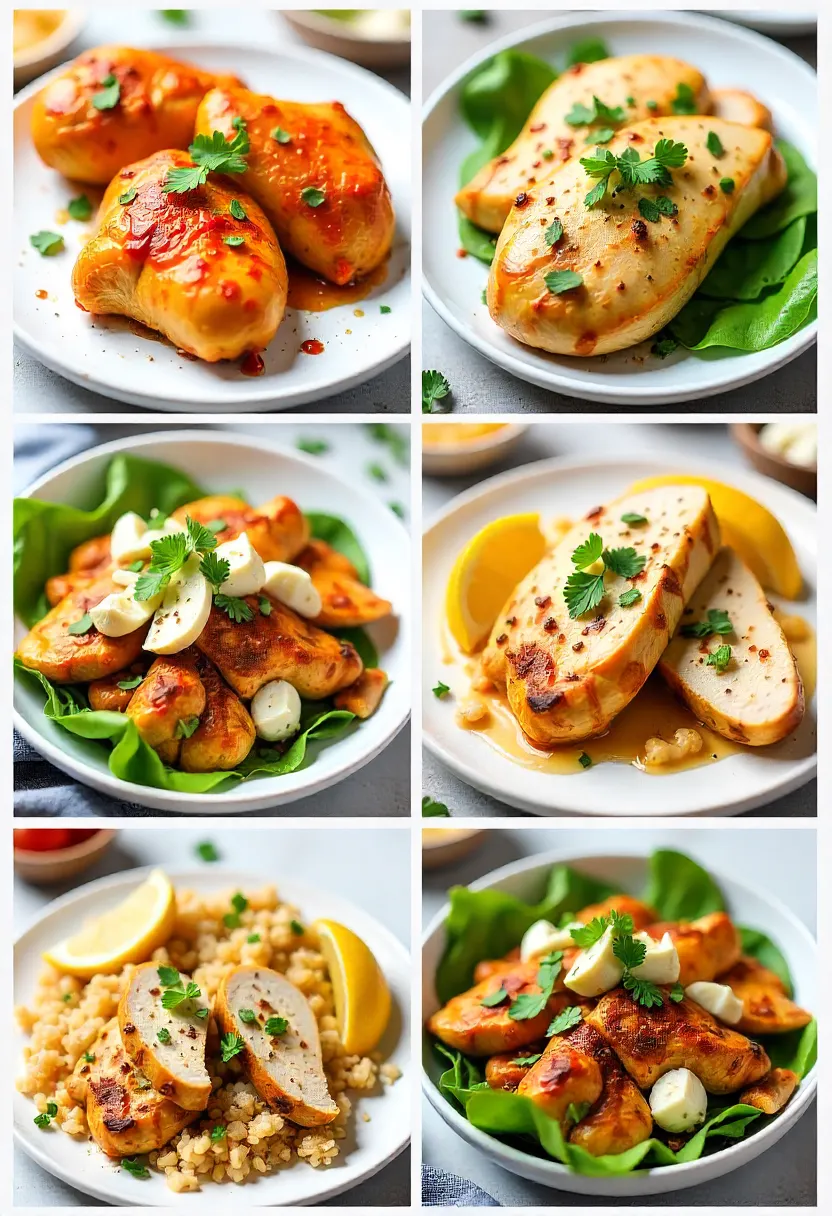 Collage showing variations of honey feta chicken: spicy glaze, alternative cheeses, dairy-free option, and meal-prep bowls with fresh garnishes.