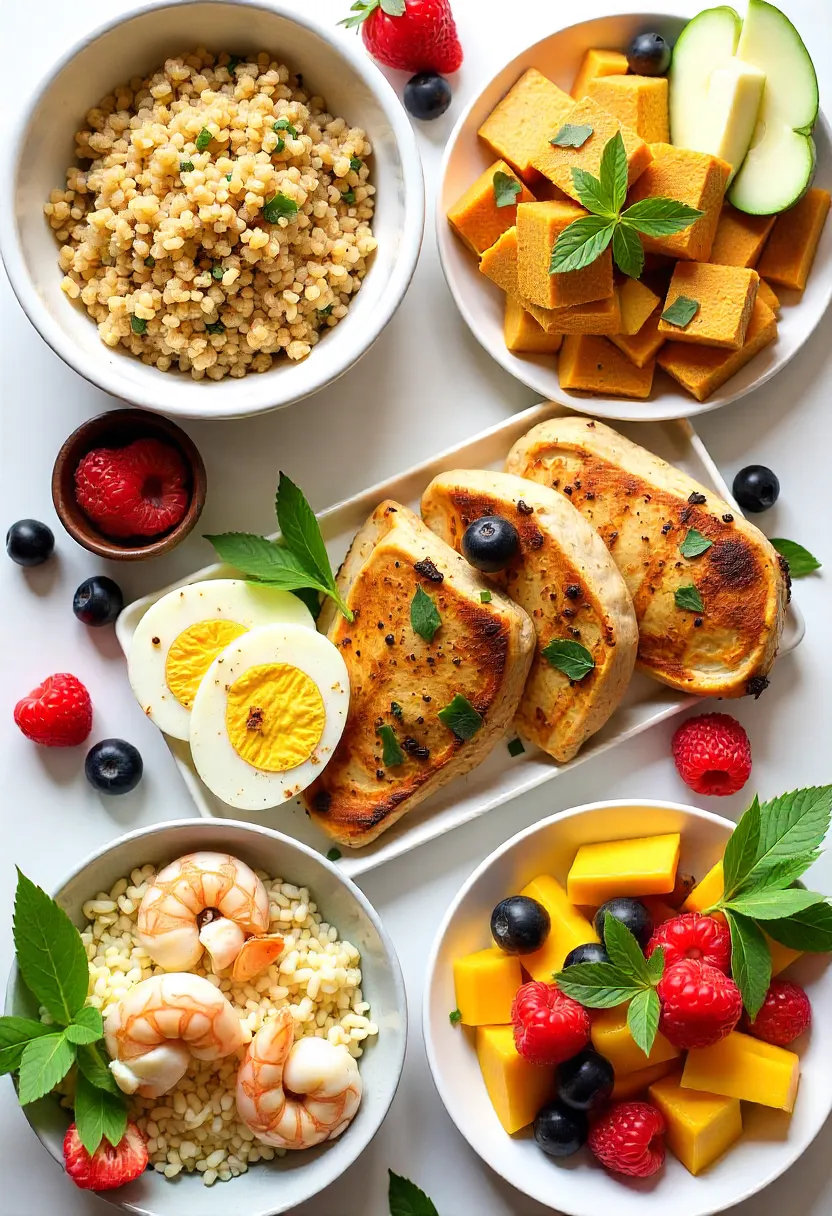 Collage of protein-rich meal prep ingredients: grains, eggs, chicken, tofu, vegetables, herbs, and summer fruits.
