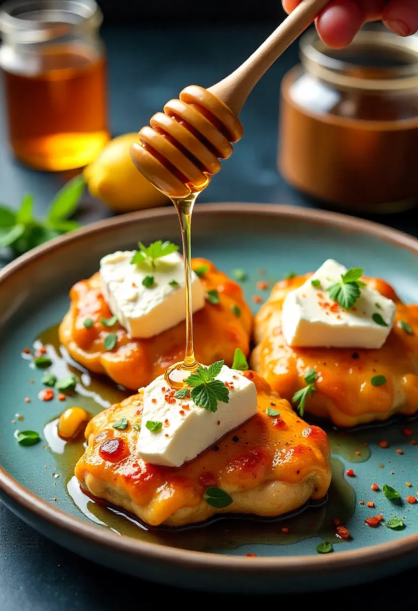 Collage showing honey drizzled on feta, baked honey feta chicken, and Mediterranean ingredients highlighting sweet and salty flavors.