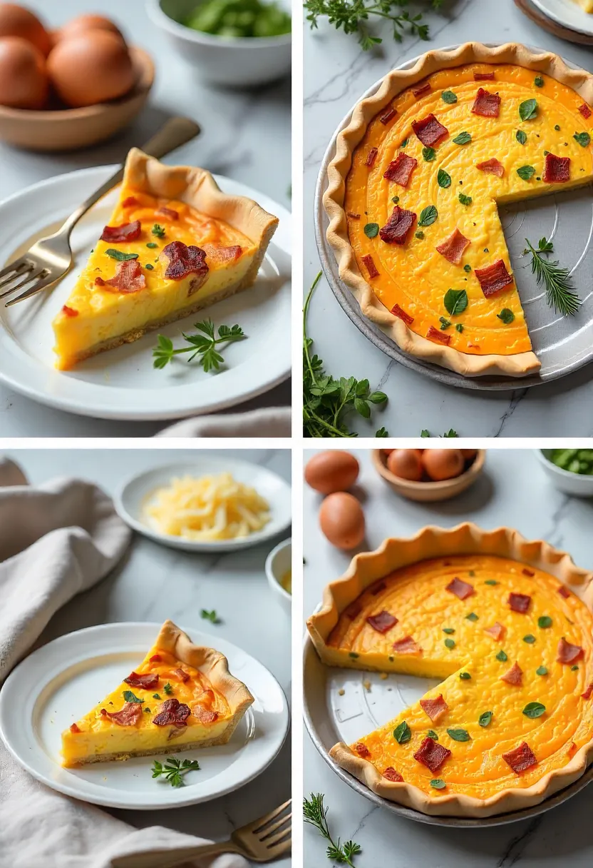 Slice of golden Quiche Lorraine with bacon and onions on a white plate, served with fresh salad.