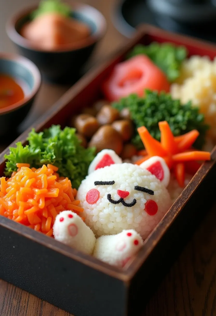 Colorful Japanese bento with rice, vegetables, meat, dessert, and cute rice ball and carrot decorations.
