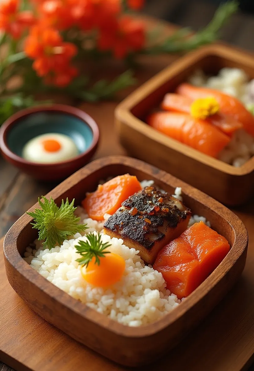Historic and modern Japanese bento boxes with rice, fish, and colorful vegetables.