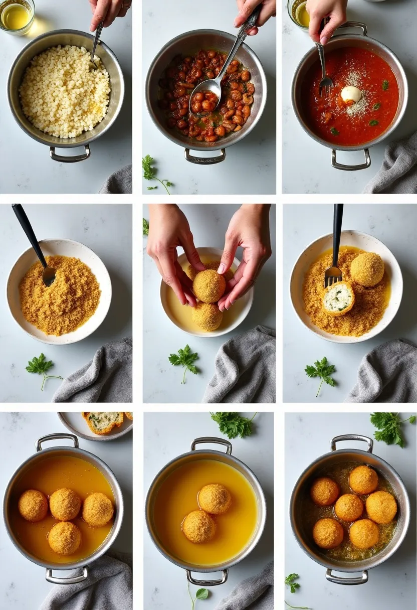 Step-by-step collage of making arancini: cooking risotto, preparing filling, shaping, breading, frying, and serving golden rice balls.