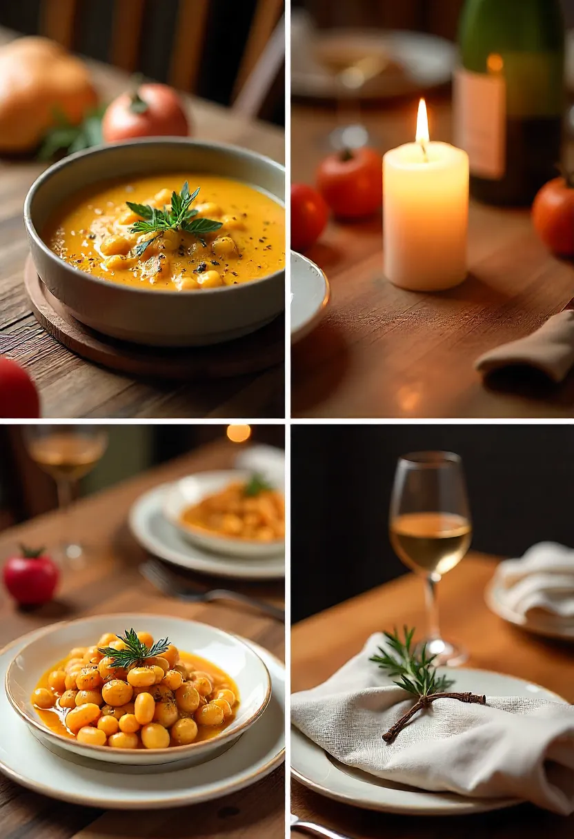 Collage of cozy dining rituals: warm bowl with herbs, lit candle, cloth napkins, wine glass, and soft music ambiance.