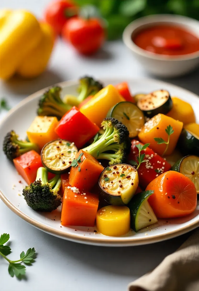 Air-fried roasted vegetables like carrots, broccoli, zucchini, and bell peppers with herbs and parmesan on a plate.
