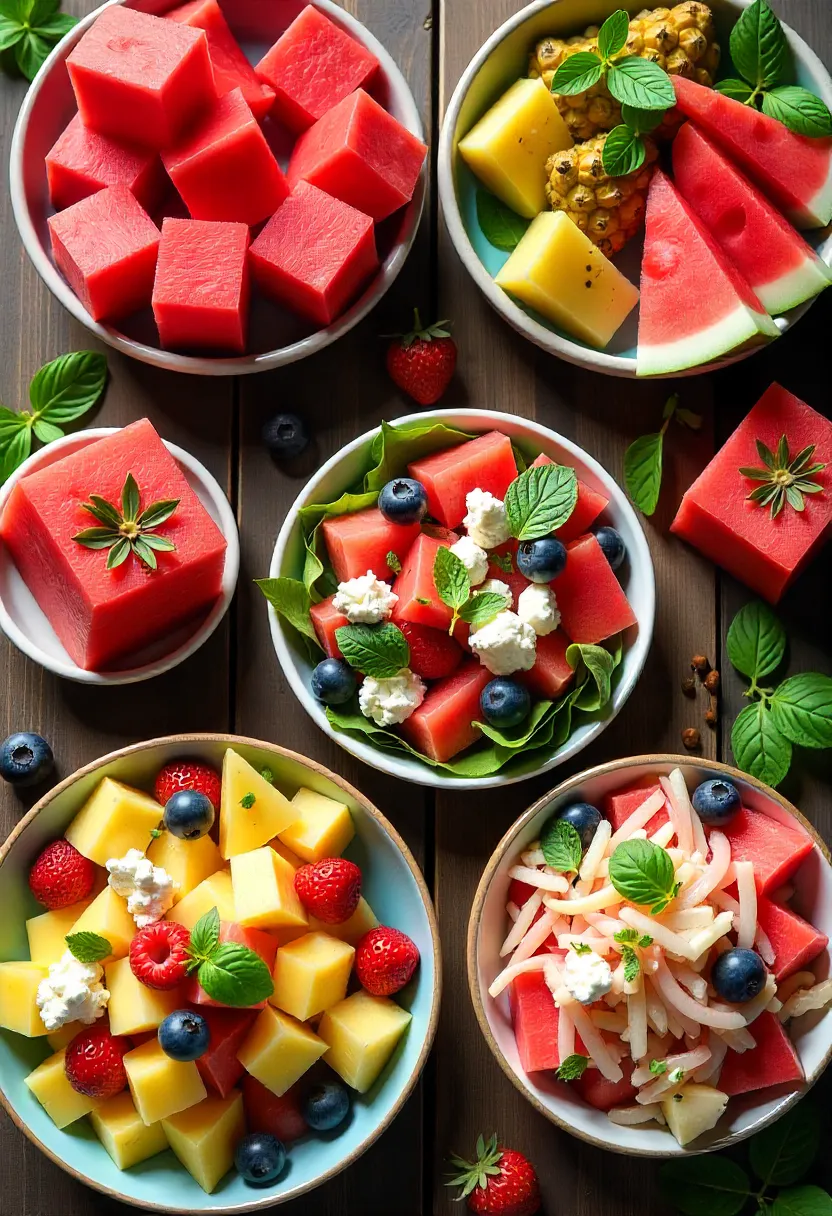 Colorful watermelon salads and fruit bowls with herbs, feta, and vibrant summer fruits.