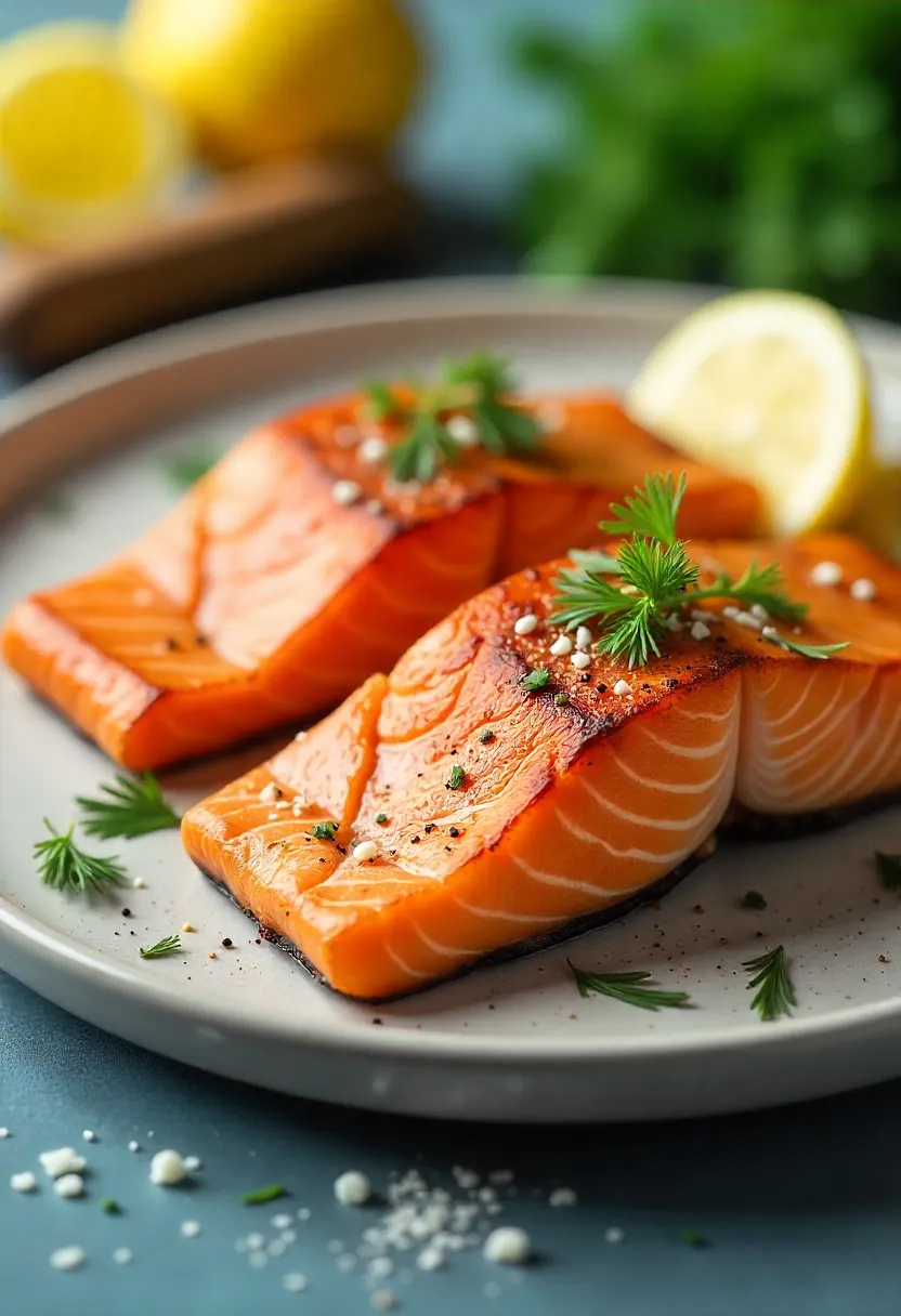 Air-fried salmon fillets with crispy skin, lemon, and fresh herbs on a plate.