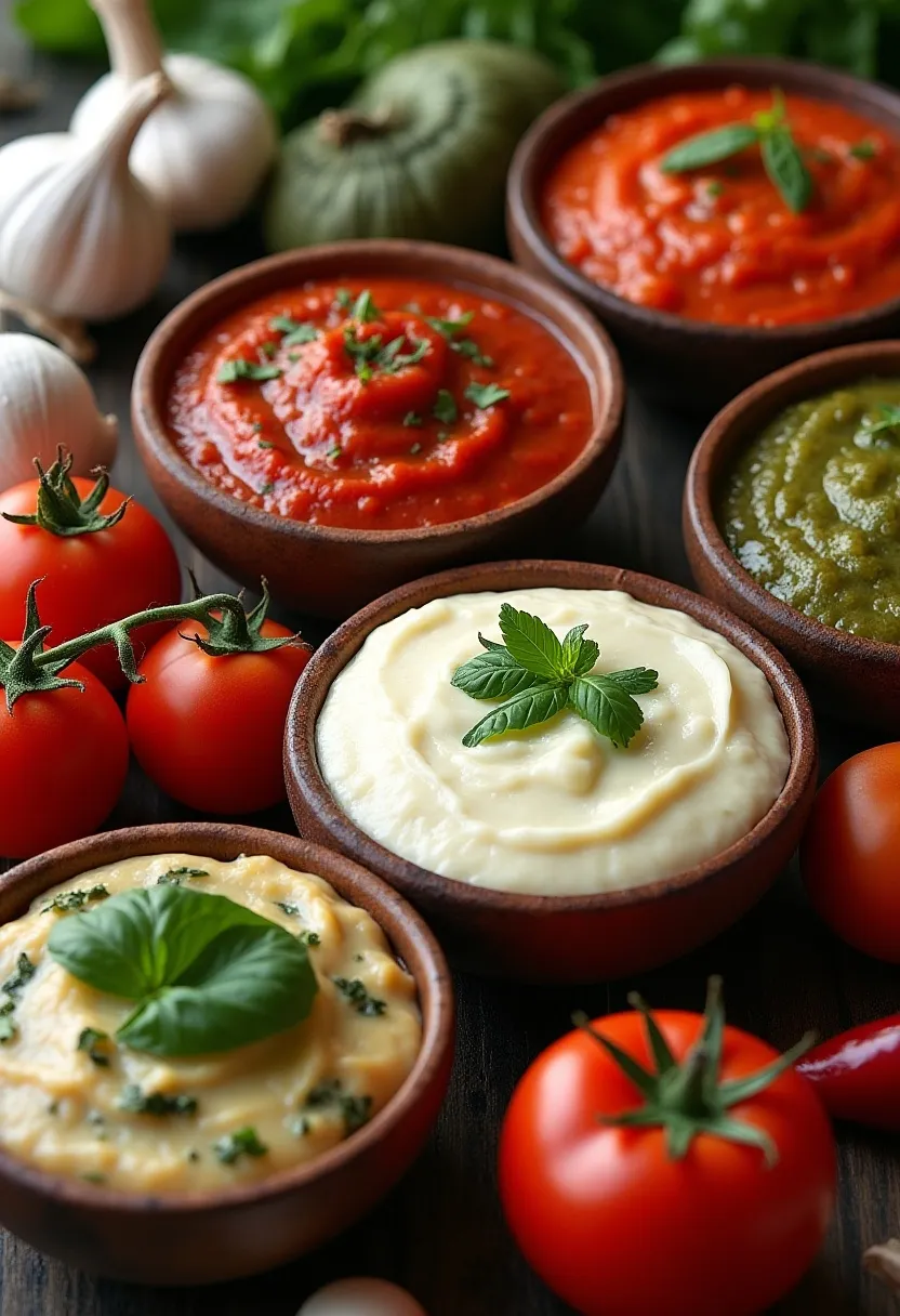 Variety of pizza sauces with fresh ingredients on a rustic kitchen surface.