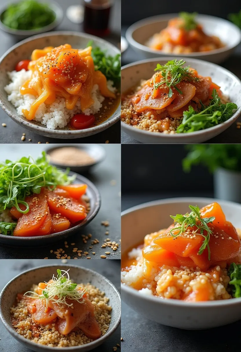 Collage of sushi bowl sauces and garnishes including spicy mayo, soy sauce, ponzu, sesame seeds, and scallions.