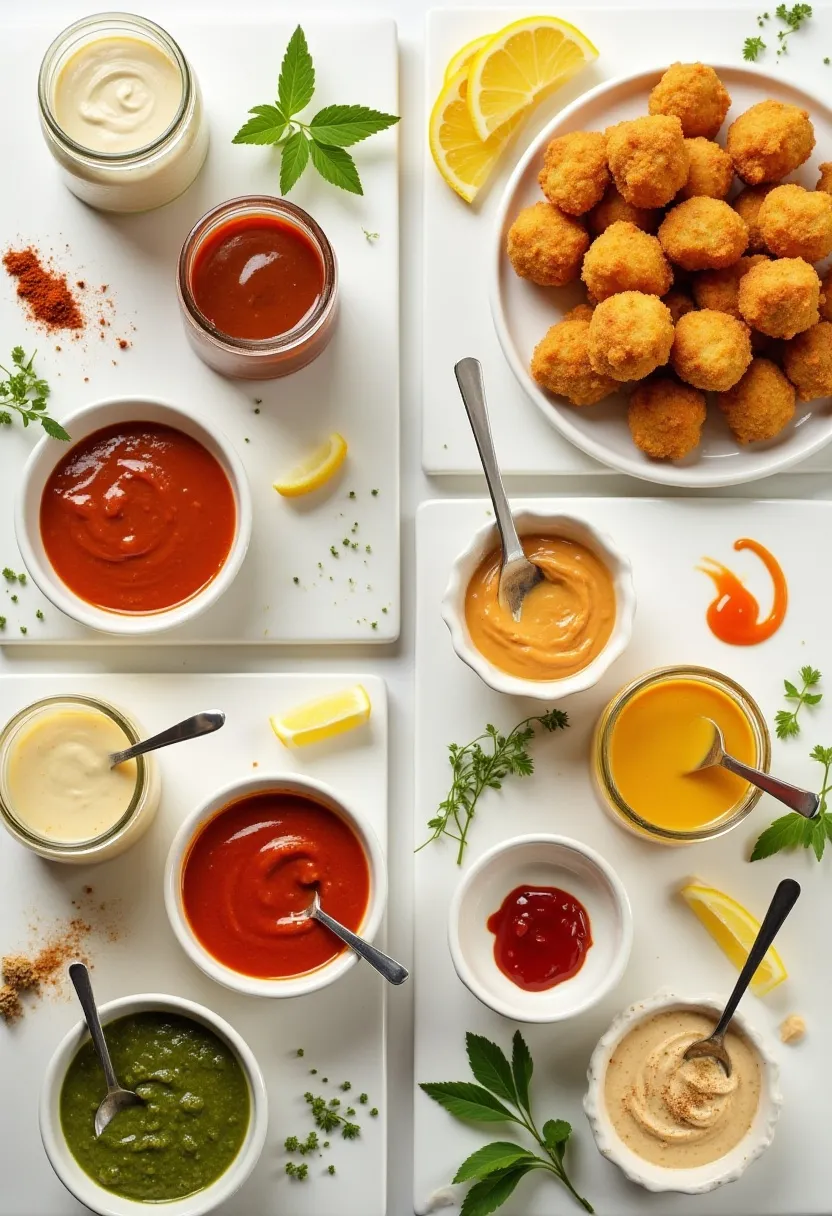Collage of sauces for shawarma and chicken nuggets, including garlic yogurt, tahini, honey mustard, and sriracha mayo.