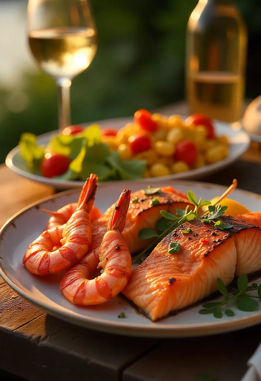 Collage of grilled shrimp, salmon, paella, and sides at sunset.