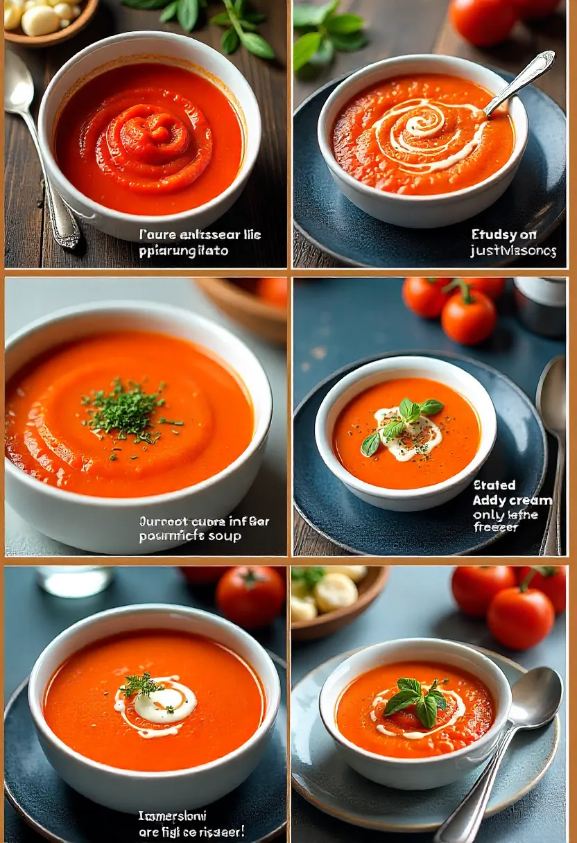 Collage showing tomato soup tips: choosing tomatoes, blending techniques, and proper storage with cream added after reheating.