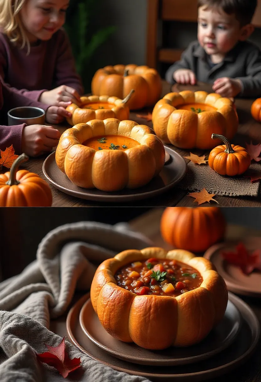 Pumpkin bread bowls served at Thanksgiving and a cozy Sunday night, surrounded by autumn decor and warm lighting.