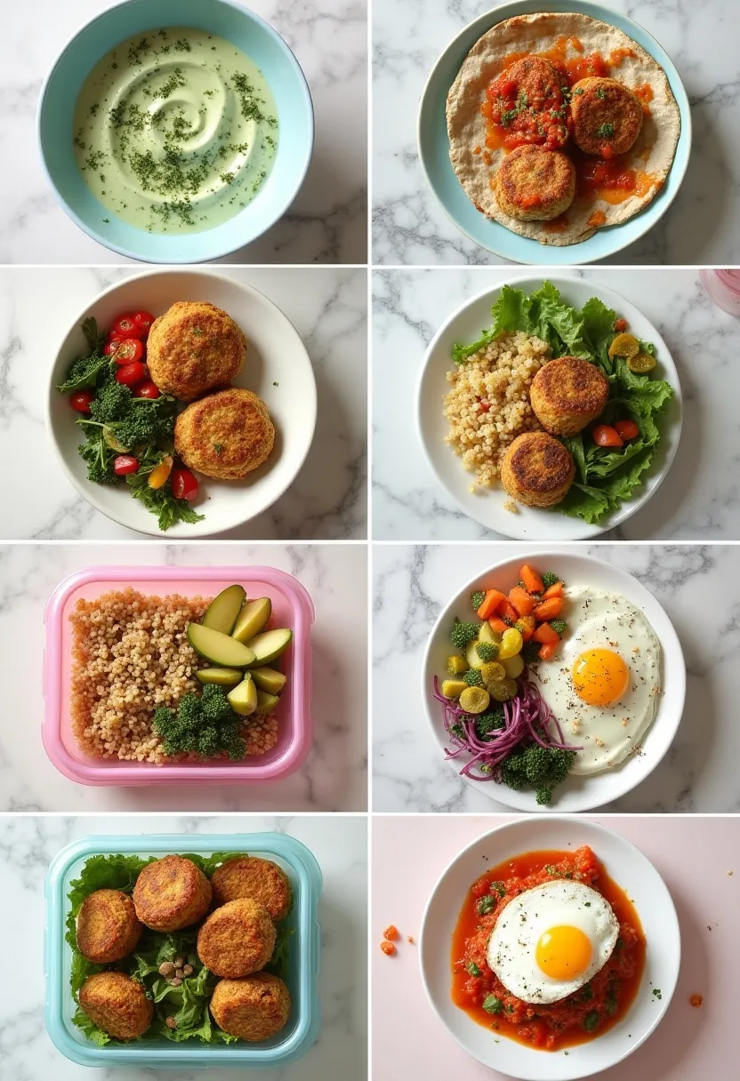 Collage of vegetable cutlets served with dips, in wraps, with grains, in lunchboxes, and topped for brunch.